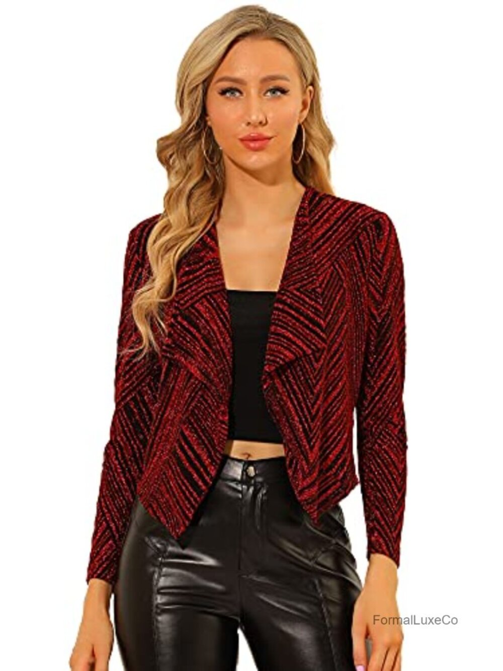 Sparkly Glitter Open Front Cardigan Long Sleeve Cropped Party Jacket